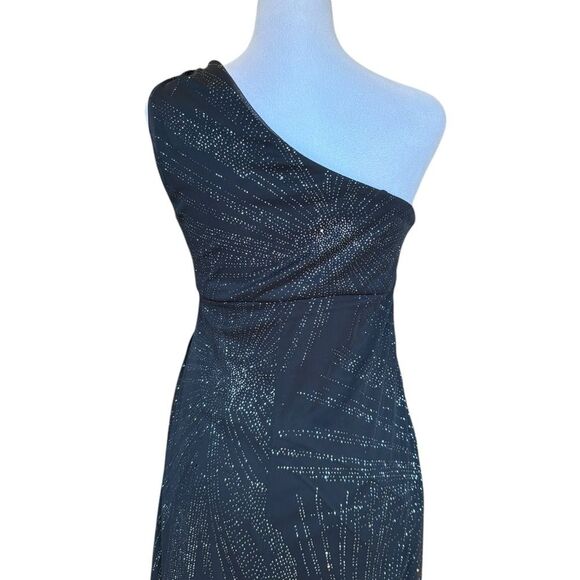 R&M Richards Vintage Maxi Dress One Shoulder Draped Black Silver Sparkle Size 4P - Picture 8 of 16